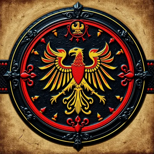 Prompt: (patriotic sign for Germany), vibrant colors, (symmetrical design), ornate details, bold eagle emblem, black, red, and gold color scheme, historical motifs, central circular shape, textured background symbolizing unity, inspiring atmosphere, (high quality, ultra-detailed), fit for a national celebration or event.