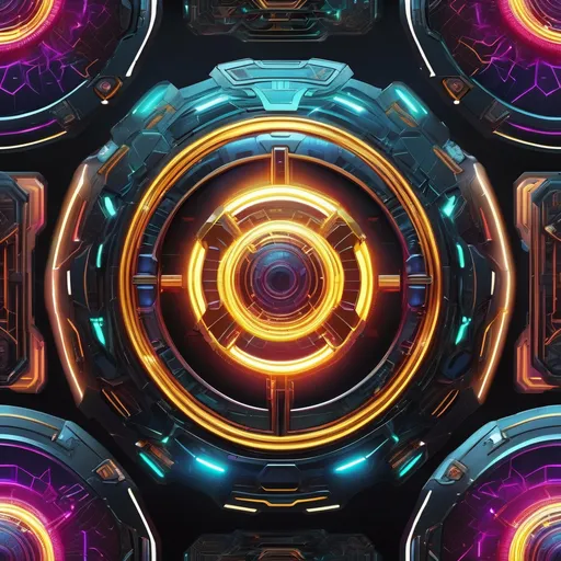 Prompt: Highly detailed digital artwork of futuristic sci-fi shields, metallic materials with intricate designs, glowing neon accents, dynamic energy effects, high-tech futuristic shields, intense and vibrant colors, high quality, futuristic, sci-fi, energy effects, metallic materials, glowing neon, dynamic design, digital art, detailed, vibrant colors