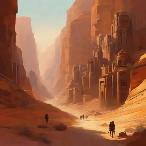 Prompt: city in a canyon in the desert, troglodytes, sci fi, nomads, hot, warm palette, Greg Mullins
