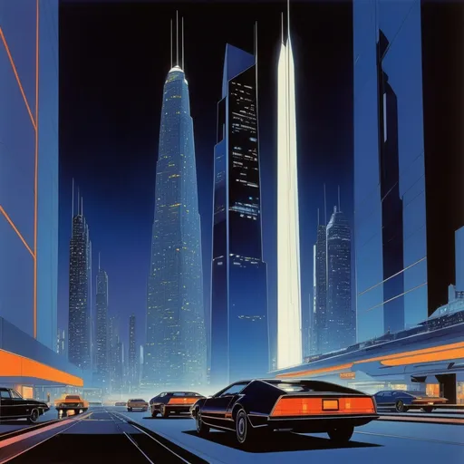 Prompt: night time of urban city area with tall buildings, headlight glows from sleek cars, scene is dark navy and heay tint but little highlights, syd mead, jean giraud, moebius, --v 6.0