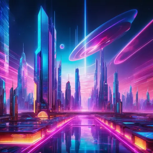 Prompt: Holographic art, vibrant neon colors, futuristic cityscape, holographic elements, high-tech environment, detailed futuristic architecture, surreal atmosphere, holographic art style, vivid and otherworldly, best quality, highres, ultra-detailed, futuristic, vibrant colors, holographic, surreal, detailed architecture, professional, atmospheric lighting