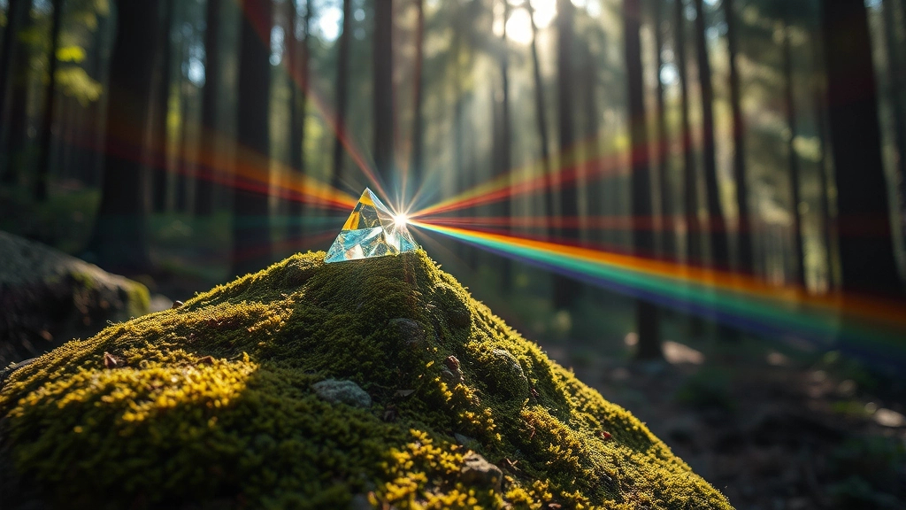Prompt: "A prism on a mossy rock in a forest, dispersing sunlight into a shimmering spectrum of colors, with soft rays of light filtering through treetops."