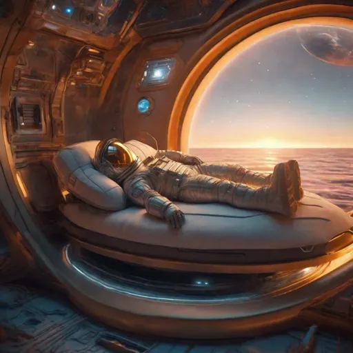 Prompt: space astronaut sleeping abord a spaceship, in a sleeping pod, lying down comfortably and dreaming, sunset in the background, in the style of hyperrealistic marine life, rustic futurism, intel core, gaston bussière, shot on 70mm, hyper-realistic water, detailed character expressions --ar 71:128