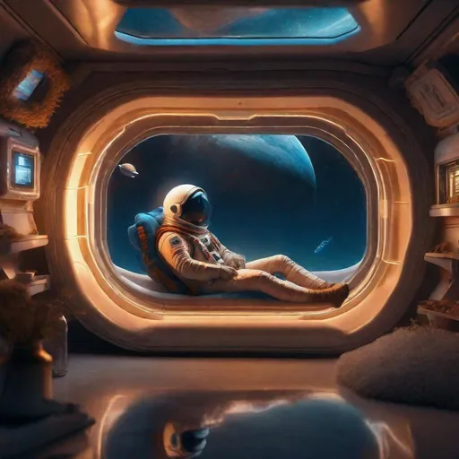 Prompt: space astronaut sleeping abord a spaceship, in a sleeping pod, lying down comfortably and dreaming, sunset in the background, in the style of hyperrealistic marine life, rustic futurism, intel core, gaston bussière, shot on 70mm, hyper-realistic water, detailed character expressions --ar 71:128
