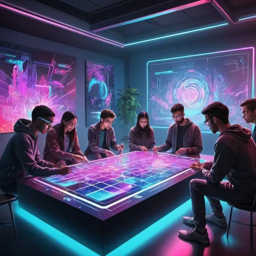 Prompt: Team activity quizz cover titled Fujitsus IQ Challenge, digital art, futuristic holographic design, diverse group of people solving puzzles, vibrant and energetic atmosphere, high energy, dynamic composition, neon color palette, holographic lighting effects, high-tech futuristic setting, interactive holographic interface, best quality, highres, ultra-detailed, digital art, futuristic, dynamic composition, neon colors, holographic, high-tech setting, vibrant atmosphere, diverse group