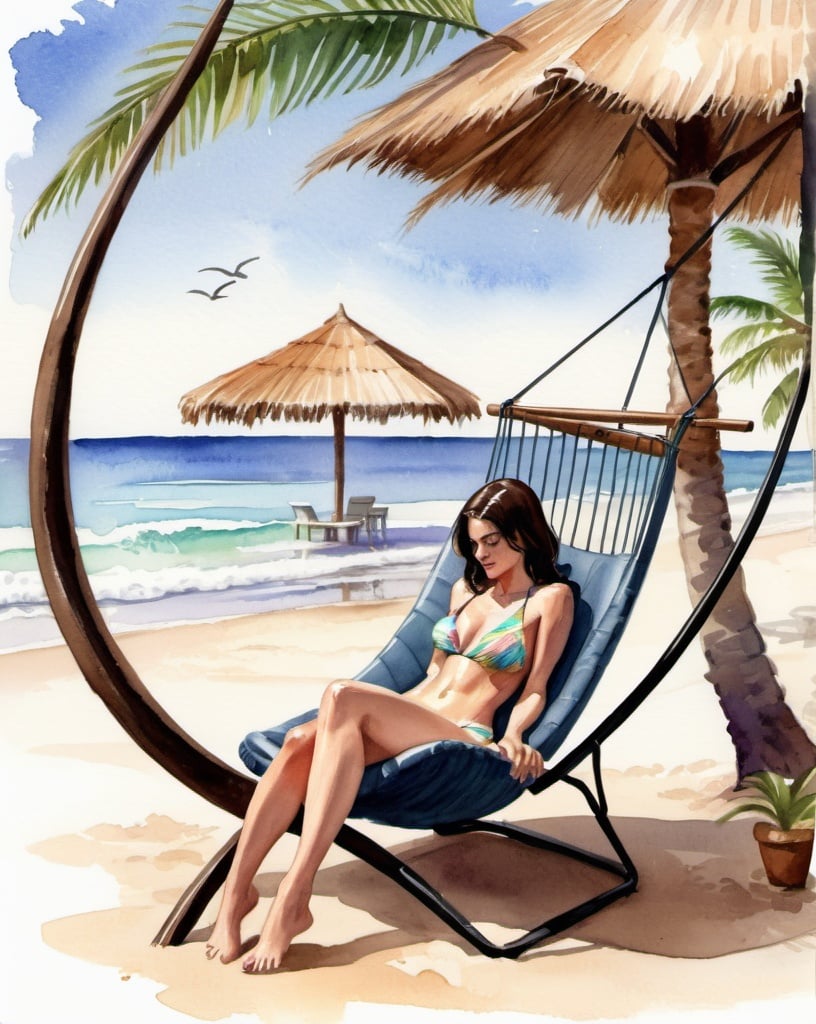 Prompt: Romance/mystery book cover. Watercolor art with precise lines. Beach scene with sand and surf in a tropical location. A young shoulder length brunette haired lady who is fit and thick wears a bathing suit on a free-standing beach hammock egg-shaped chair. In the background is a beach-side bar in the style of an open air gazebo. The bartender is giving an interested look at the lady, and he himself is Italian with short dark hair and good looking.

A palm tree near the hammock casts a shadow over the lady that when combined with the curved support of the chair resembles a scythe.