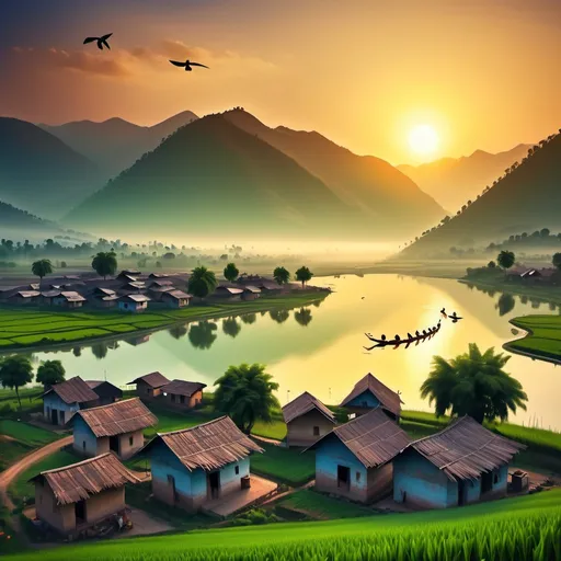 Prompt: small village sun rise on early morning birds or flying in the sky there is mountains between water flowing and there is a 5 homes some persons are sitting infront of the home some persons are going on the road and also there a agriculture lands full of green and there is one big lake on that there is a one big boat in that some persons are sitting on the boat