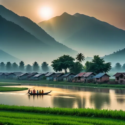 Prompt: small village sun rise on early morning birds or flying in the sky there is mountains between water flowing and there is a 5 homes some persons are sitting infront of the home some persons are going on the road and also there a agriculture lands full of green and there is one big lake on that there is a one big boat in that some persons are sitting on the boat