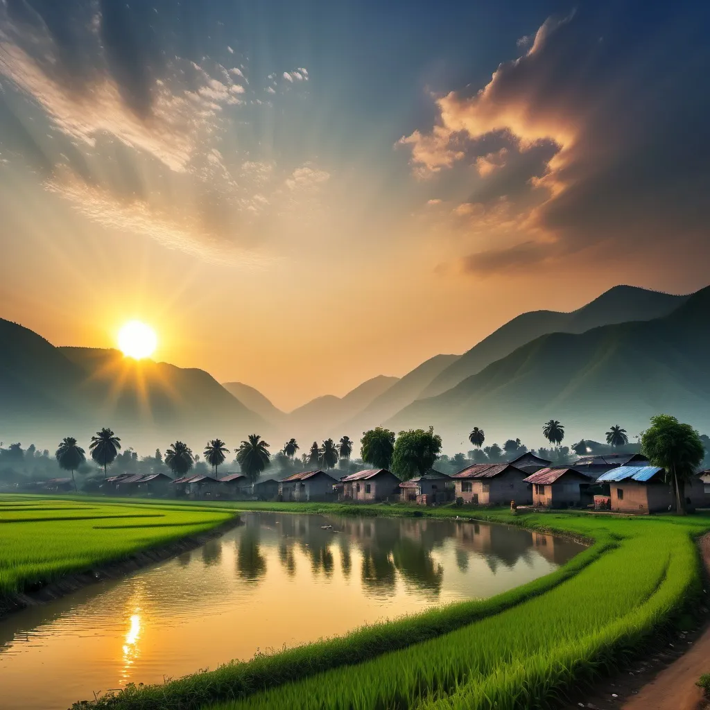 Prompt: small village sun rise on early morning birds or flying in the sky there is mountains between water flowing and there is a 5 homes some persons are sitting infront of the home some persons are going on the road and also there a agriculture lands full of green and there is one big lake on that there is a one big boat in that some persons are sitting on the boat