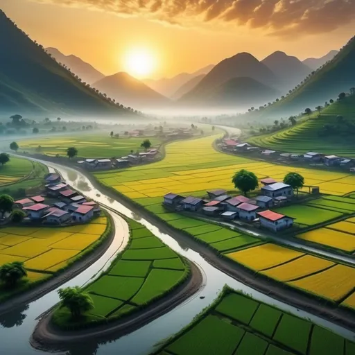 Prompt: small village sun rise on early morning birds or flying in the sky there is mountains Between water flowing and side of a mountains some greeny agricultural lands and their a road at middle of lands on that roads people or going  some couple or going on the cycle