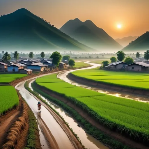 Prompt: small village sun rise on early morning birds or flying in the sky there is mountains Between water flowing and side of a mountains some greeny agricultural lands and their a road at middle of lands on that roads people or going  some couple or going on the cycle