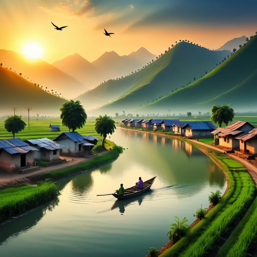 Prompt: small village sun rise on early morning birds or flying in the sky there is mountains between water flowing and there is a 5 homes some persons are sitting infront of the home some persons are going on the road and also there a agriculture lands full of green and there is one big lake on that there is a one big boat in that some persons are sitting on the boat