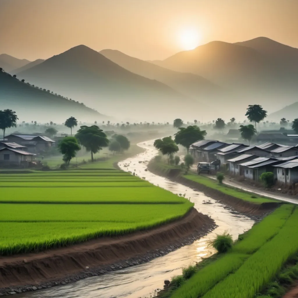 Prompt: small village sun rise on early morning birds  water flowing and side of a mountains some greeny agricultural lands and their a road at middle of lands on that roads people or going  some couple or going on the cycle