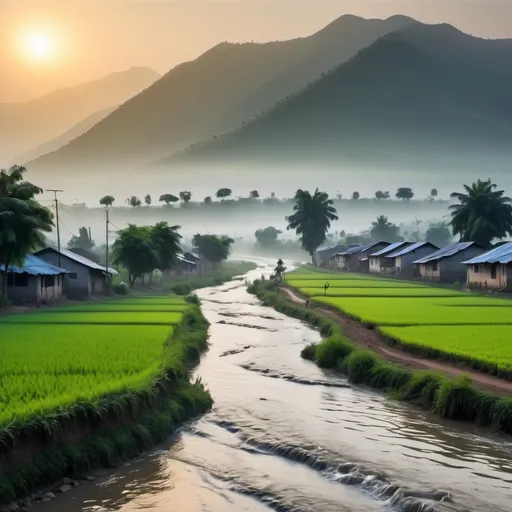 Prompt: small village sun rise on early morning birds  water flowing and side of a mountains some greeny agricultural lands and their a road at middle of lands on that roads people or going  some couple or going on the cycle