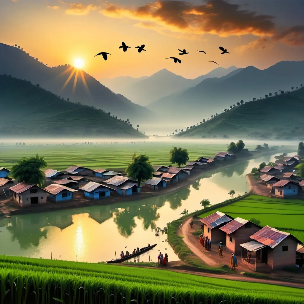 Prompt: small village sun rise on early morning birds or flying in the sky there is mountains between water flowing and there is a 5 homes some persons are sitting infront of the home some persons are going on the road and also there a agriculture lands full of green and there is one big lake on that there is a one big boat in that some persons are sitting on the boat