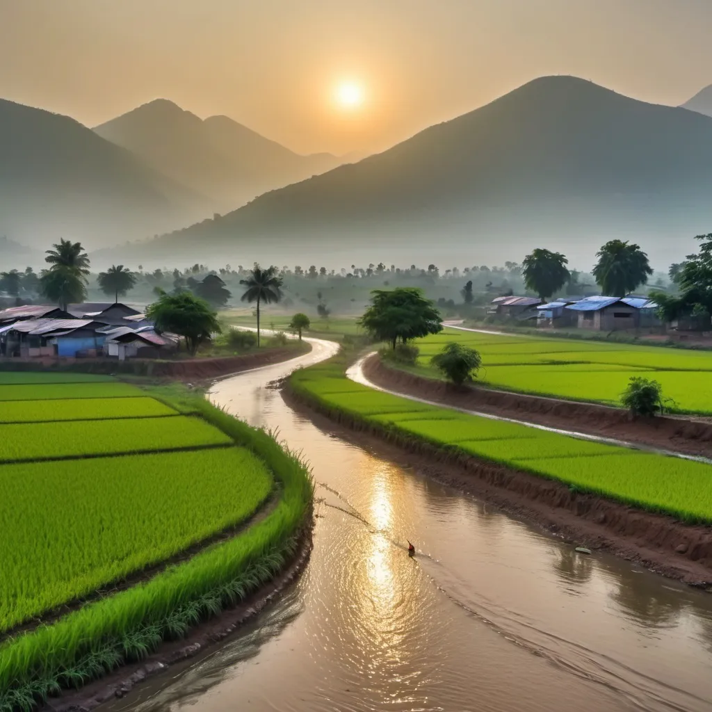 Prompt: small village sun rise on early morning birds  water flowing and side of a mountains some greeny agricultural lands and their a road at middle of lands on that roads people or going  some couple or going on the cycle