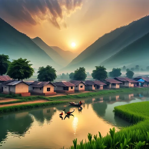 Prompt: small village sun rise on early morning birds or flying in the sky there is mountains between water flowing and there is a 5 homes some persons are sitting infront of the home some persons are going on the road and also there a agriculture lands full of green and there is one big lake on that there is a one big boat in that some persons are sitting on the boat