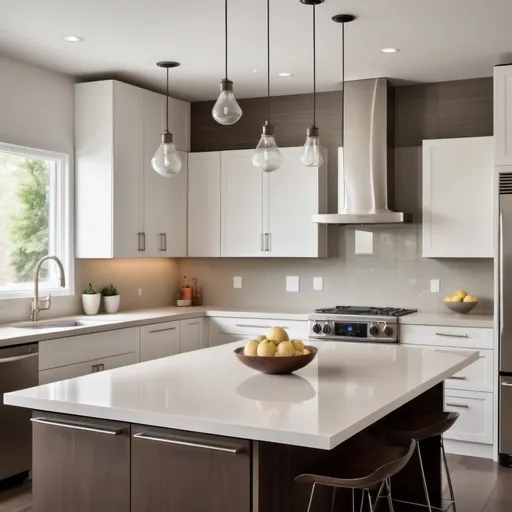 Prompt: modern kitchen with nice quartz countertop and quartz backsplash