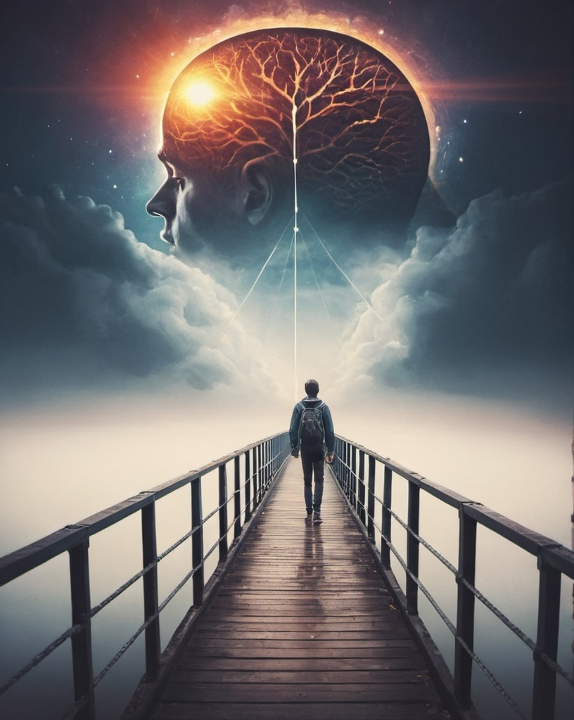 Prompt: a person wlking on a bridge that connects to his own mind