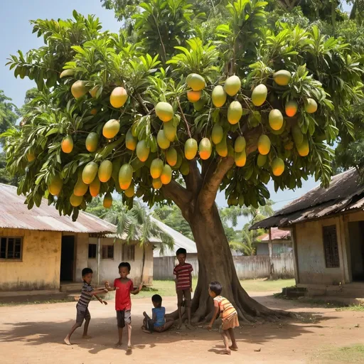 Prompt: Children play under a big mango tree