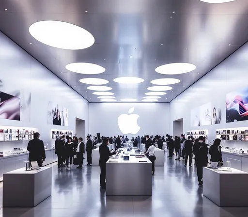 Prompt: hip arcade event designed after the apple store using aluminums finishes and large ceiling LED 
