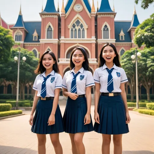 Prompt: Disney-Pixar movie Poster Children wearing uniforms are excited.Faculty of Business Administration university set woman wearing a pleated skirtHappy with three friends Bangkok University Wearing a Bangkok University student uniform Diamond Building 
Three people standing in a row, happy