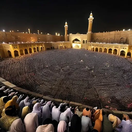 Prompt: Arabs in ancient mecca city gathered and watch the moon splits
