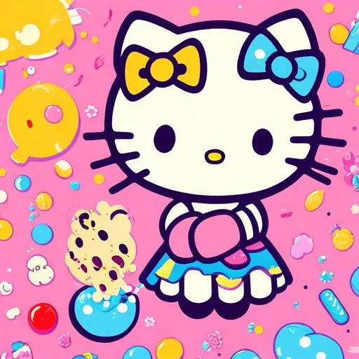 Prompt: Girl playing with Hello Kitty, vibrant and playful illustration, high-quality, anime style, bright and colorful, cute and adorable, detailed features, glossy finish, playful expression, fun and whimsical, kawaii, vibrant tones, youthful energy, professional artwork, lively and joyful atmosphere