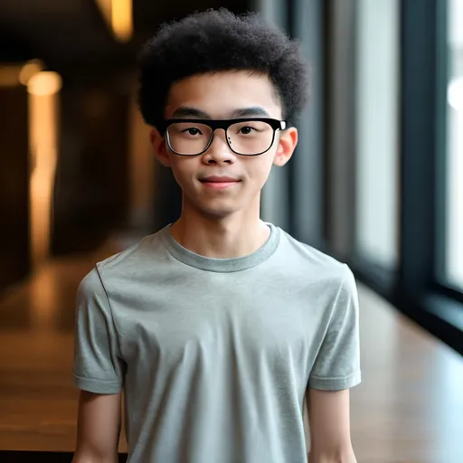 Prompt: A young student, healthy, tall, strong, wearing glasses, stands in front of the table