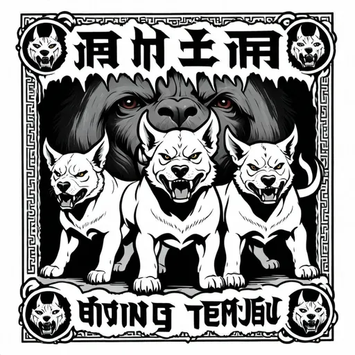 Prompt: a text “anjing tempur” with cerberus in dark hell