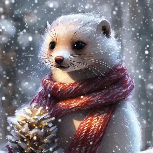 Prompt: Snowy scene of a small charming weasel in a festive scarf and Christmas hat, gentle snowfall, cozy and heartwarming atmosphere, detailed fur with soft textures, winter wonderland setting, high quality, digital painting, festive colors, soft lighting, small charming weasel, snowy scene, festive scarf, Christmas hat, gentle snowfall, cozy atmosphere, heartwarming, detailed fur, winter wonderland, high quality, digital painting, festive colors, soft lighting, santa hat