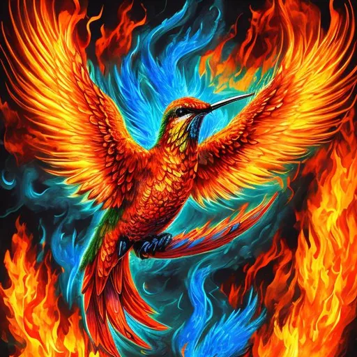 Prompt: Fire phoenix and hummingbird made of flames, vibrant blue, red, orange, and green hues, fiery feathers with intricate details, high quality, intense, fiery, surreal, radiant lighting, detailed flames, mythical, magical, heat-inspired colors, dynamic composition