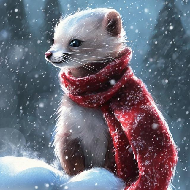 Prompt: Snowy scene of a small charming weasel in a festive scarf and Christmas hat, gentle snowfall, cozy and heartwarming atmosphere, detailed fur with soft textures, winter wonderland setting, high quality, digital painting, festive colors, soft lighting, small charming weasel, snowy scene, festive scarf, Christmas hat, gentle snowfall, cozy atmosphere, heartwarming, detailed fur, winter wonderland, high quality, digital painting, festive colors, soft lighting