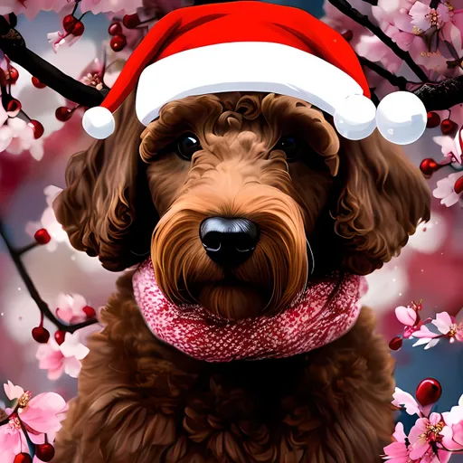 Prompt: Labradoodle wearing Santa hat and scarf under cherry blossom tree, bright and cheerful, high quality, detailed fur, festive atmosphere, realistic, playful, cute, cherry blossom, dog with accessories, winter, spring, joyful, vibrant colors, natural lighting, dark brown eyes, dark brown coat, christmas, cute eyes