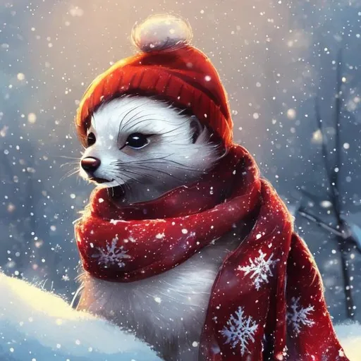 Prompt: Snowy scene of a small charming weasel in a festive scarf and Christmas hat, gentle snowfall, cozy and heartwarming atmosphere, detailed fur with soft textures, winter wonderland setting, high quality, digital painting, festive colors, soft lighting, small charming weasel, snowy scene, festive scarf, Christmas hat, gentle snowfall, cozy atmosphere, heartwarming, detailed fur, winter wonderland, high quality, digital painting, festive colors, soft lighting, santa hat