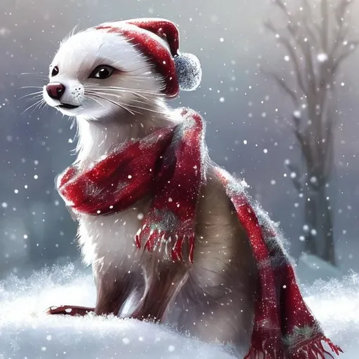 Prompt: Snowy scene of a small charming weasel in a festive scarf and Christmas hat, gentle snowfall, cozy and heartwarming atmosphere, detailed fur with soft textures, winter wonderland setting, high quality, digital painting, festive colors, soft lighting, small charming weasel, snowy scene, festive scarf, Christmas hat, gentle snowfall, cozy atmosphere, heartwarming, detailed fur, winter wonderland, high quality, digital painting, festive colors, soft lighting, santa hat, cute weasel