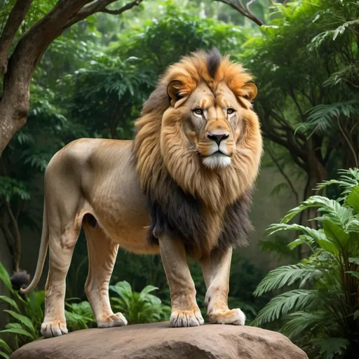 Prompt: A full figure of a lion and the lion's hair spread out and the lion should be in a very majestic and heroic image. The background should be surrounded by green plants with forests. The Sinhalese must be on a rock. The lion should also be golden. Birds must fly. The rocks should be gray.