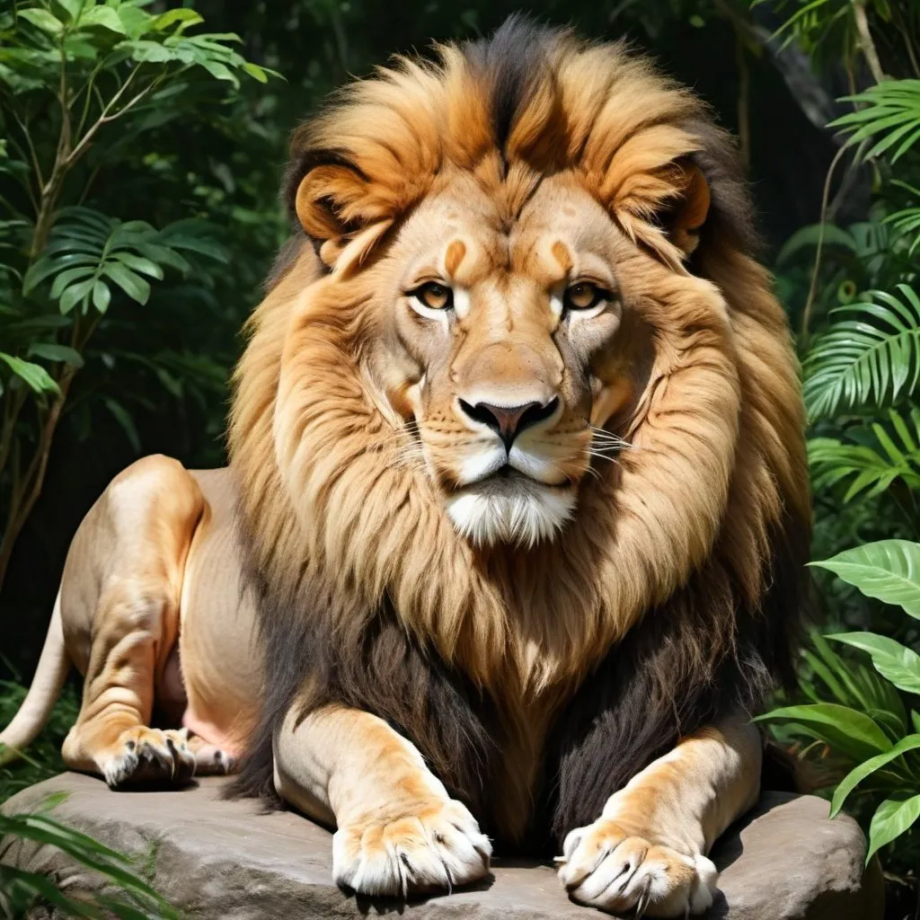 Prompt: A full figure of a lion and the lion's hair spread out and the lion should be in a very majestic and heroic image. The background should be surrounded by green plants with forests. The Sinhalese must be on a rock. The lion should also be golden. Birds must fly. The rocks should be gray.