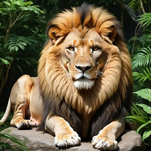 Prompt: A full figure of a lion and the lion's hair spread out and the lion should be in a very majestic and heroic image. The background should be surrounded by green plants with forests. The Sinhalese must be on a rock. The lion should also be golden. Birds must fly. The rocks should be gray.