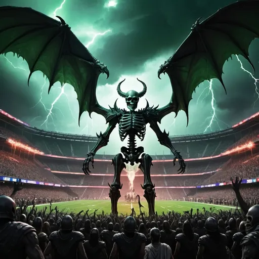 Prompt: a football stadium rising from tartarus on the wings of a skeleton dragon and the souls of the damned leaving the stadium. Hades rising above all in a football helmet
add lighting and ghosts in the background make the crowd glowing spectres have the sky raining blood
and the sky green with evil lightning
