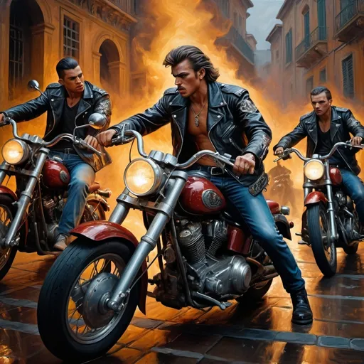 Prompt: Baroque painting of a biker gang war of attractive men in leather jackets from the 1960's 