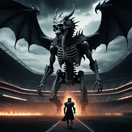 Prompt: a football stadium rising from tartarus on the wings of a skeleton dragon and the souls of the damned leaving the stadium. Hades rising above all in a football helmet

