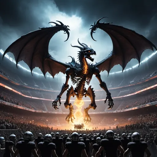 Prompt: a football stadium rising from tartarus on the wings of a skeleton dragon and the souls of the damned leaving the stadium. Hades rising above all in a football helmet
add lighting and ghosts in the background make the crowd glowing spectres
