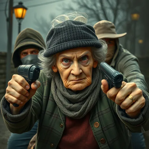 Prompt: a grumpy old lady fighting robbers