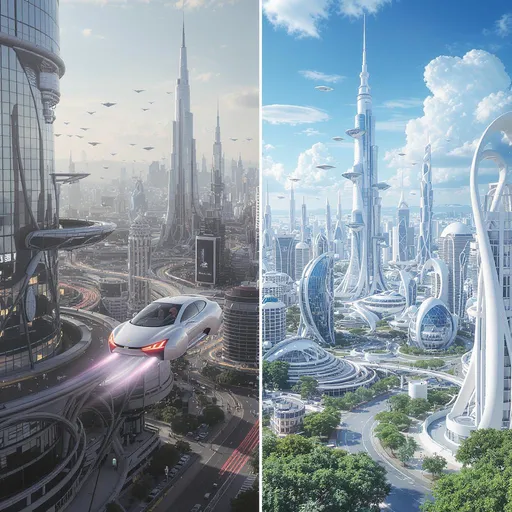 Prompt: Futuristic city with fly car and netizen variation sky