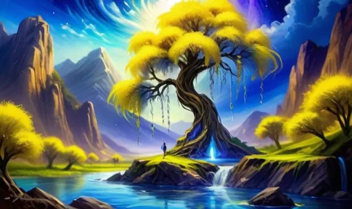 Prompt: Serene landscape of a majestic willow tree, blue and yellow spirits go up the tree, flowing river, twin flame energies, towering mountains, oil painting, tranquil setting, high quality, detailed brushwork, realistic, serene atmosphere, surreal, mountains, willow tree, river, blue and yellow twin flame energies, oil painting, serene, tranquil, high quality, realistic, surreal, yellow and blue, majestic