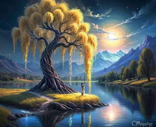 Prompt: Serene landscape of a majestic willow tree, flowing river, twin flame energies, towering mountains, oil painting, tranquil setting, high quality, detailed brushwork, realistic, serene atmosphere, surreal, mountains, willow tree, river, blue and yellow twin flame energies spiral and intertwine around the tree, oil painting, serene, tranquil, high quality, realistic, surreal, yellow and blue, majestic