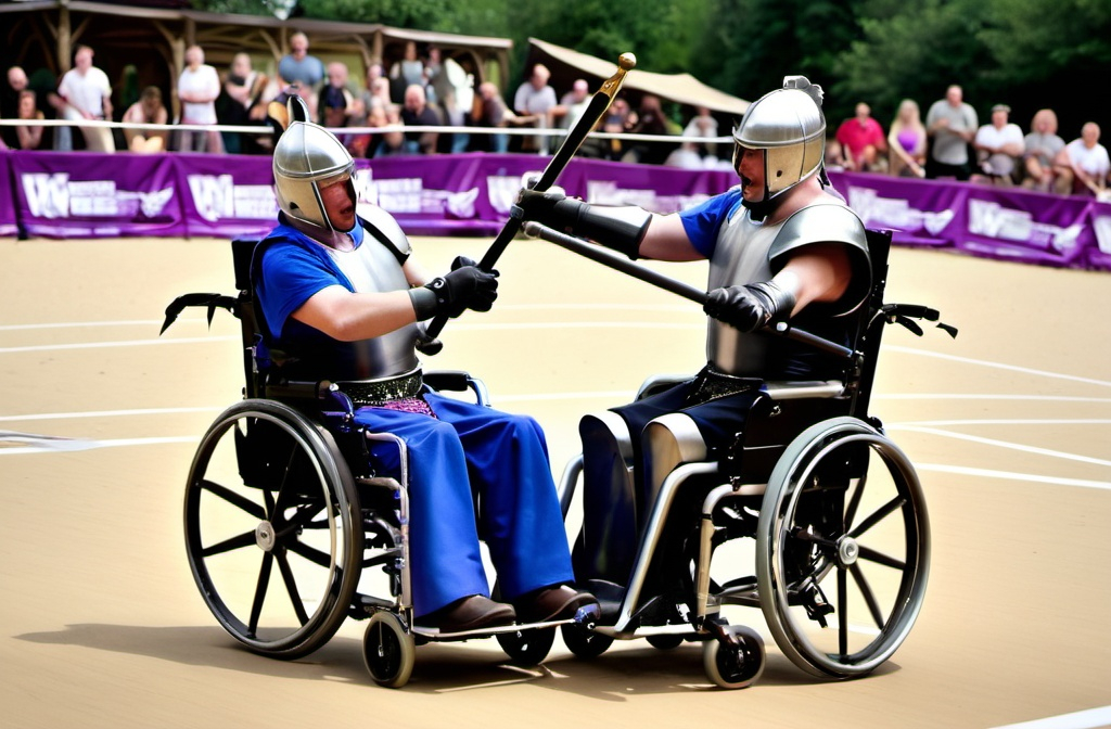 Prompt: 2 men in wheelchairs are jousting