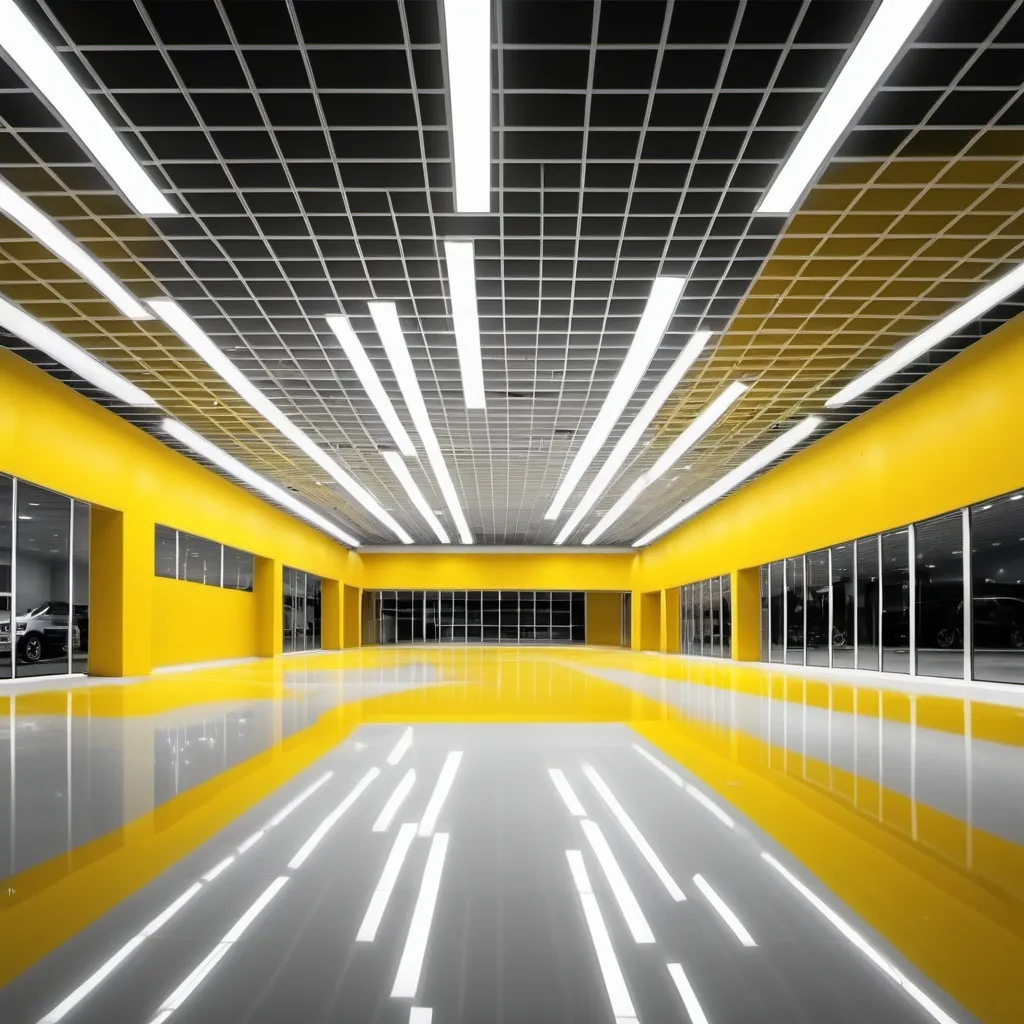 Prompt: EMPTY BIG CAR SHOWROOM TO BE USED FOR A BACKGROUND WITH YELLOW COLOR
