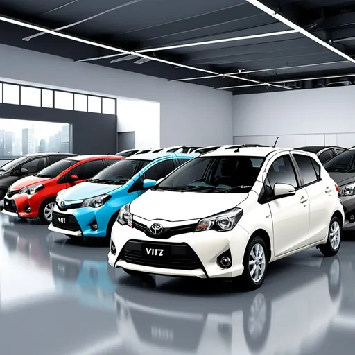 Prompt: SHOWROOM SHOWING ALL DIFFERENT COLORS OF TOYOTA VITZ
